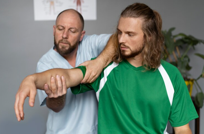 Physiotherapist helping an athlete stretch their hand to prevent injuries and improve flexibility for an active lifestyle