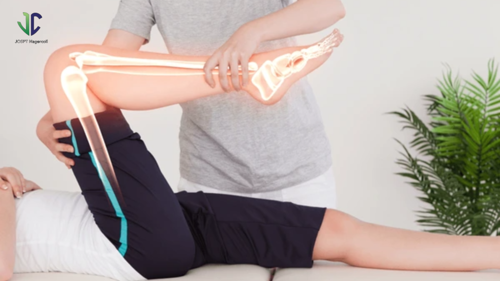 Physiotherapist helping a patient stretch their leg for improved mobility and bone health.