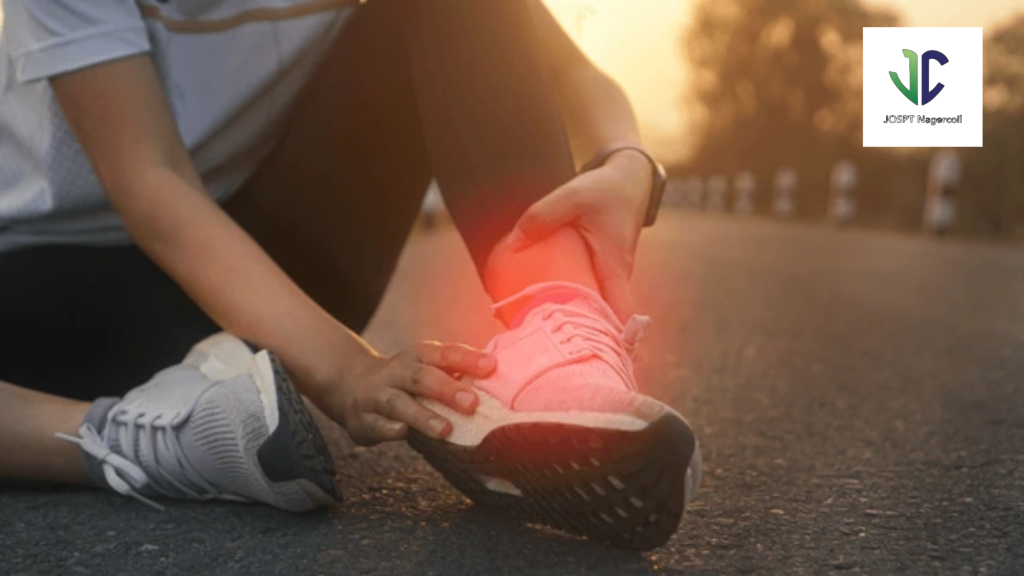 Man with ankle support getting help from a physiotherapist in Nagercoil