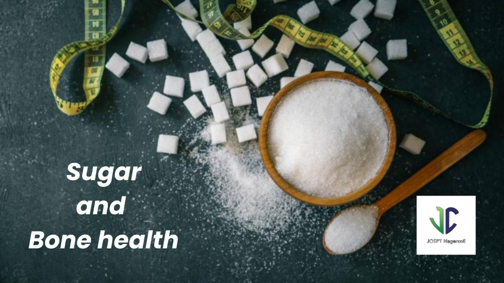 Sugar cubes beside a bone model showing the impact of sugar on bone strength and health.